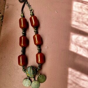 Moroccan amber colored resinane old bead and coin necklace